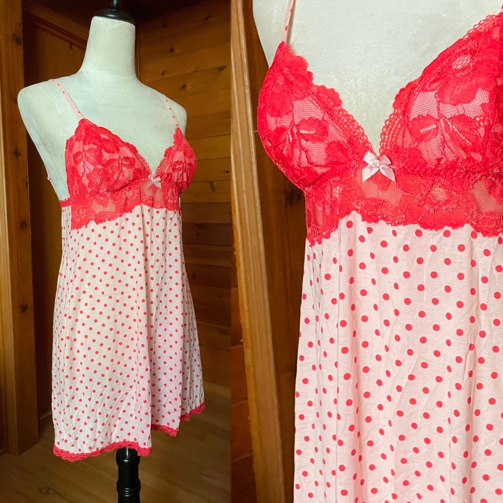 Victoria’s Secret Pink Red Polka Dot Lace Slip Dress Lingerie Sz Medium - Picture 3 of 5